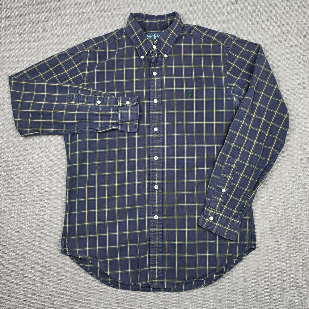 Polo Ralph Lauren Mens M Blue Yellow Plaid Long Sleeve Flannel Shirt Classic Fit